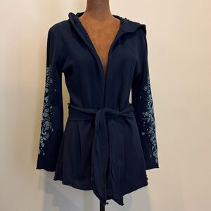 Navy Cotton Wrap Sweater Embroidered Garment - S